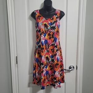 NWOT Fitwell Tropical Floral Sleeveless A-Line Midi Dress Sz Med